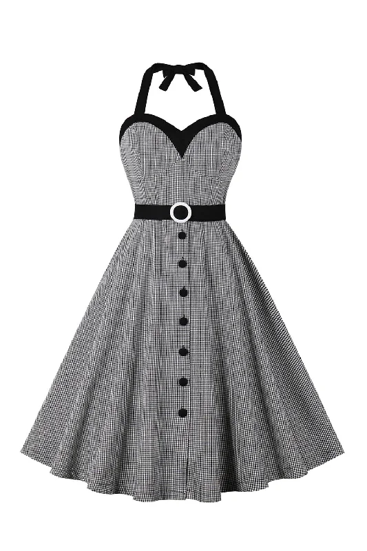 Black Halter Plaid Sleeveless Button 1950s Dress