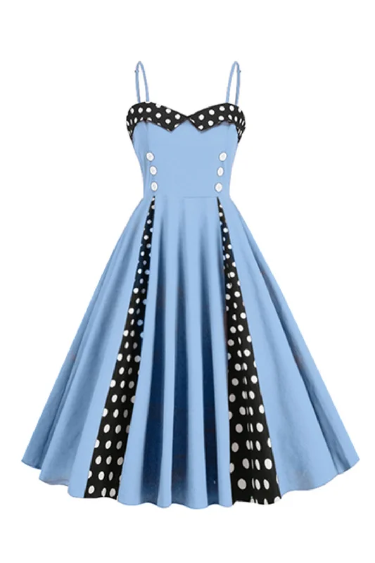 Light Blue Polka Dots Spaghetti Straps 1950s Dress