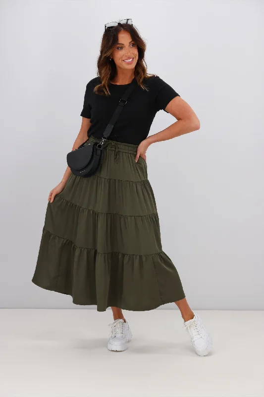 Shine On Label Bonnie Satin Tiered Midi Skirt Olive