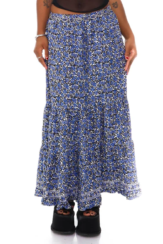 Vintage Y2K Blue Floral Pattern Maxi Skirt - S/M