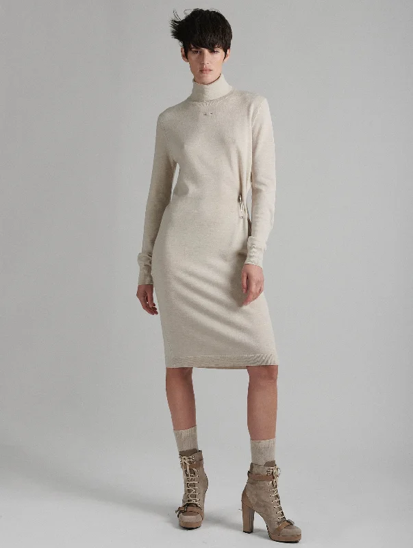 Sand merino knit turtleneck dress