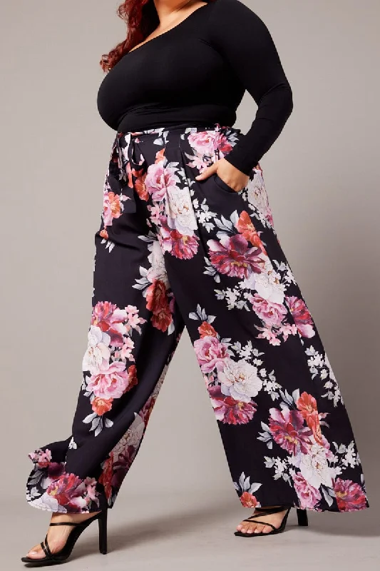 Black Floral Wide Leg Pants Belted