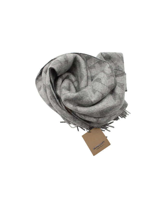 Burberry Monogram Fringed Scarf in Grey Cashmere