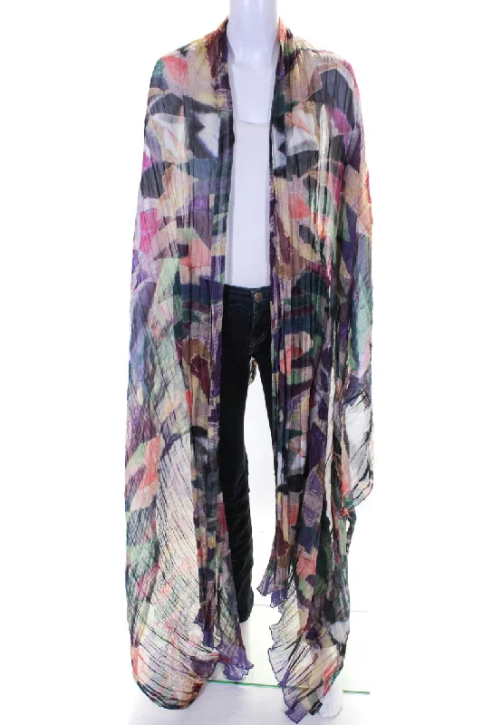 Chanel Womens Silk Abstract Pleated Wrapped Shawl Scarf Purple