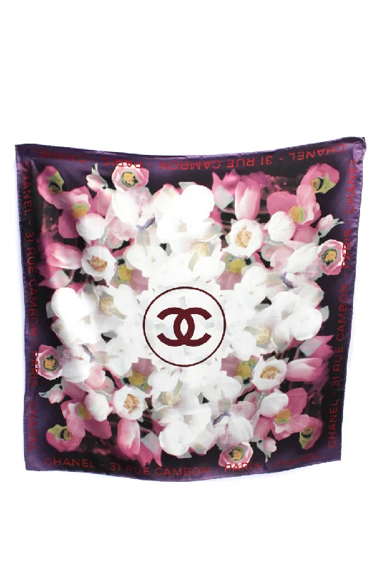 Chanel Womens Silk Rue Cambon CC Floral Print Wrap Scarf Purple