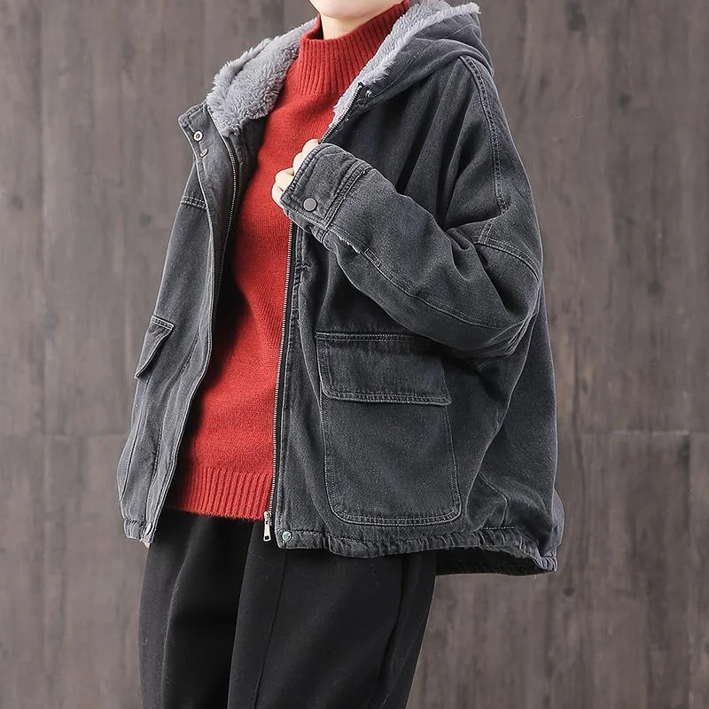 Women denim black Plus Size trench coat Fabrics hooded thick coat