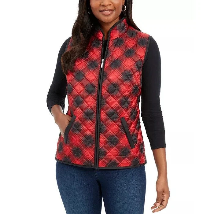 Karen Scott Women's Plaid Puffer Vest Red Size Petite Medium - Petite Medium